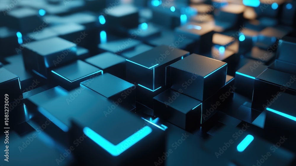 Poster abstract modern 3d background with illuminated rectangles in shades of blue, creating a futuristic d