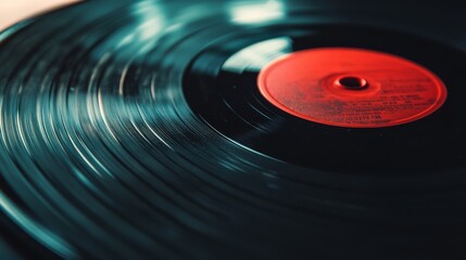 Vinyl Record Groove: A close-up shot of a vintage vinyl record, showcasing its textured surface and the vibrant red label.  The image evokes nostalgia and the timeless appeal of analog music. 