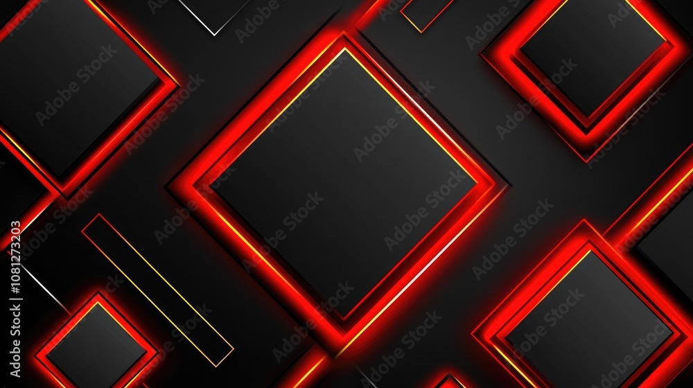 Poster abstract geometric composition with layered squares featuring luminous red edges against a sleek bla