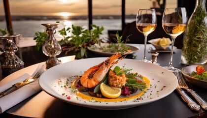 Elegant Restaurant Dinner Scene With a Gourmet Seafood Dish, Served With Fresh Herbs, Spices, and Wine Pairings for a Luxurious Fine Dining Experience