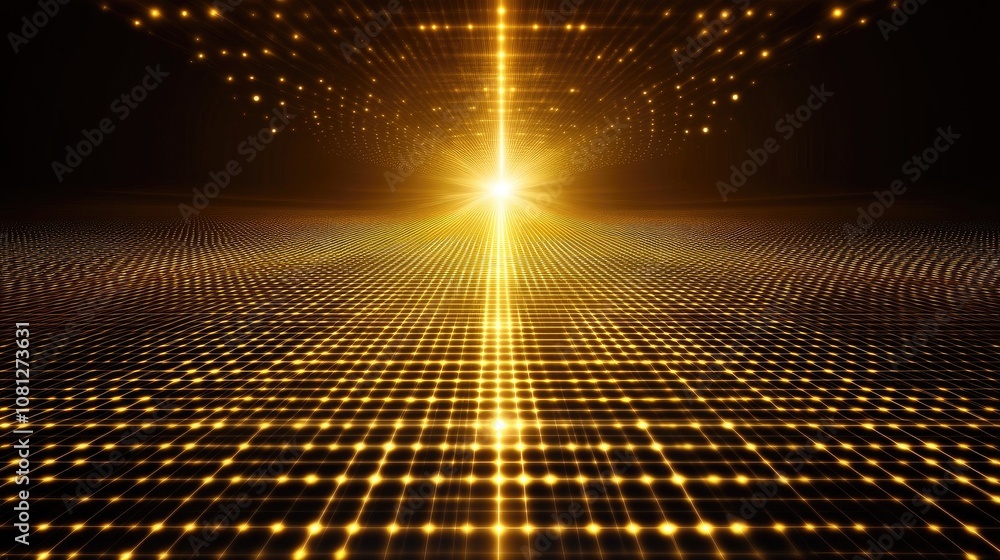 Poster shimmering gold light burst radiating in a dynamic futuristic space with vivid patterns and glimmeri