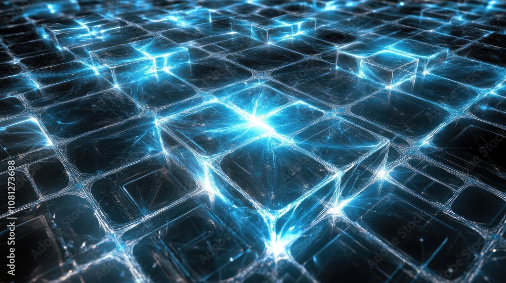 Poster abstract digital background with glowing blue crystals and illuminated grids for technology, data, a