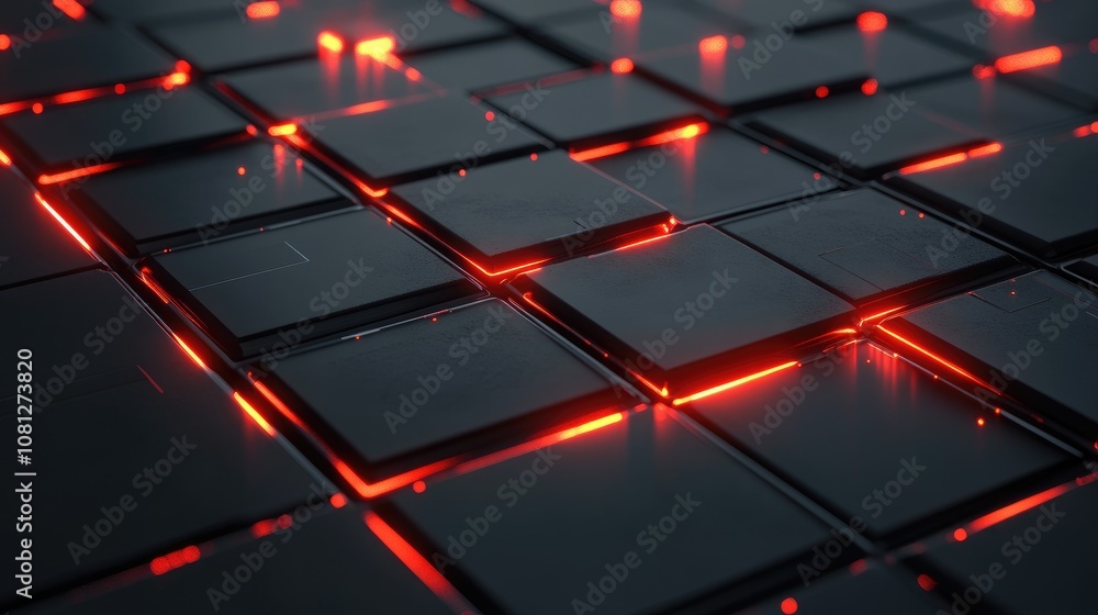 Poster abstract digital background with glowing red lines illuminating dark tiles, creating a futuristic an