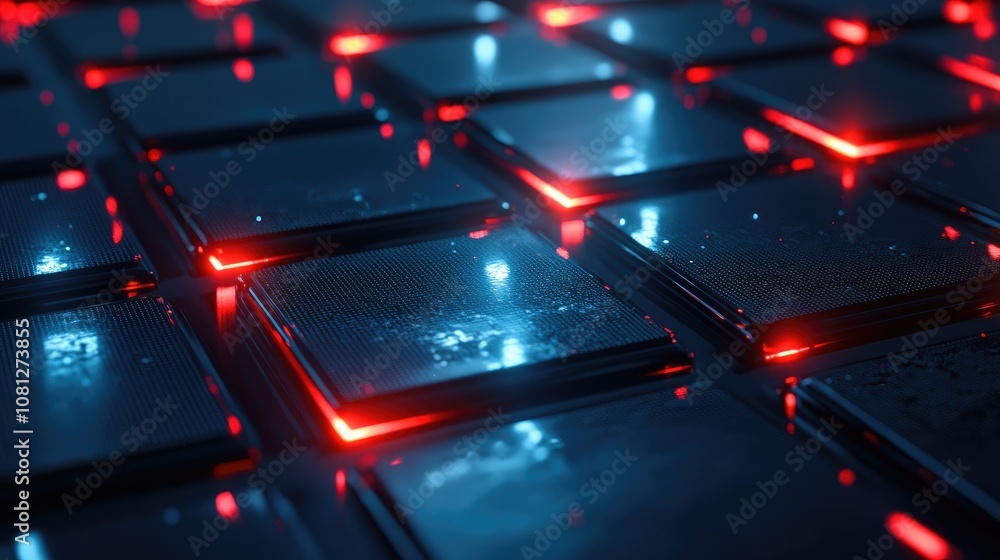 Poster abstract high-tech background featuring illuminated square tiles with glowing red and blue lights, s