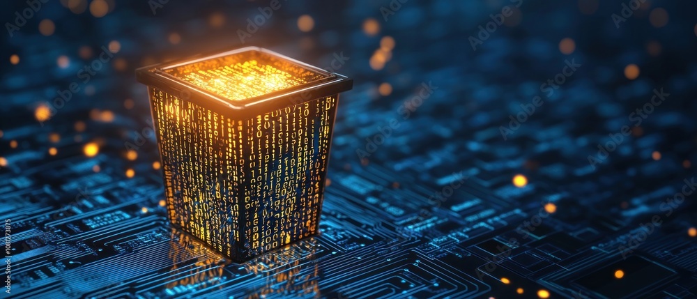 Aufkleber a glowing digital trash bin emits data streams on a circuit board background.