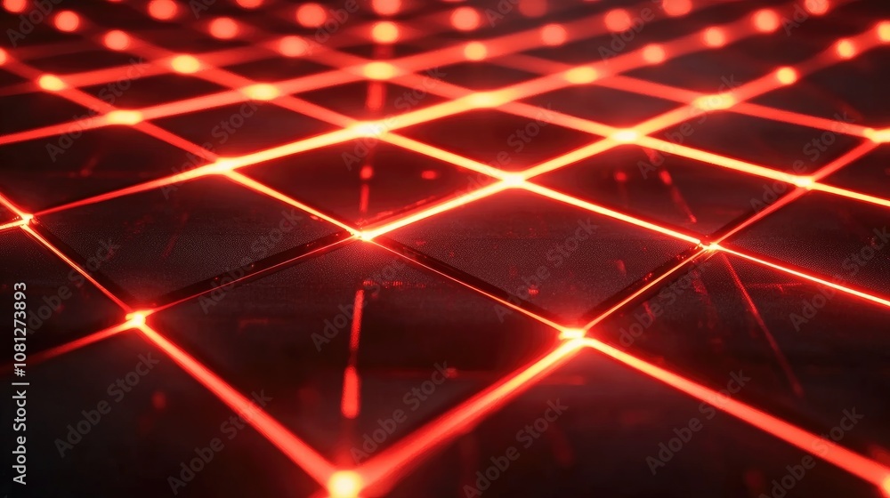Poster dynamic red laser grid pattern illuminating a dark surface with geometric lines and a futuristic aes