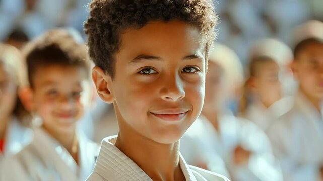A young karateka smiles confidently, showcasing dedication and enthusiasm for martial arts alongside fellow students in a vibrant dojo during an engaging training session.