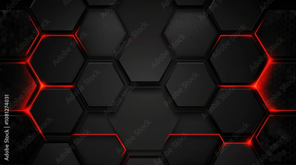 Poster abstract black and red hexagonal pattern design with glowing edges for modern backgrounds, technolog
