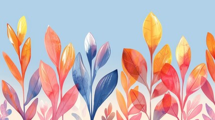 Watercolor Floral Background. Colorful Rainbow Leaves Border on Light Blue Background.