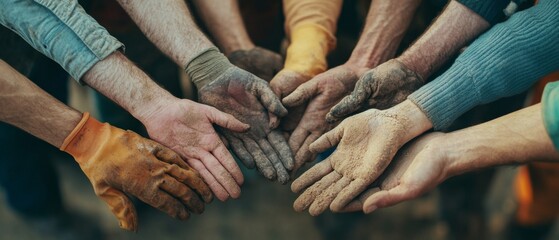 A diverse group of hands, marked by dirt and toil, come together symbolizing unity, hard work, and shared effort.