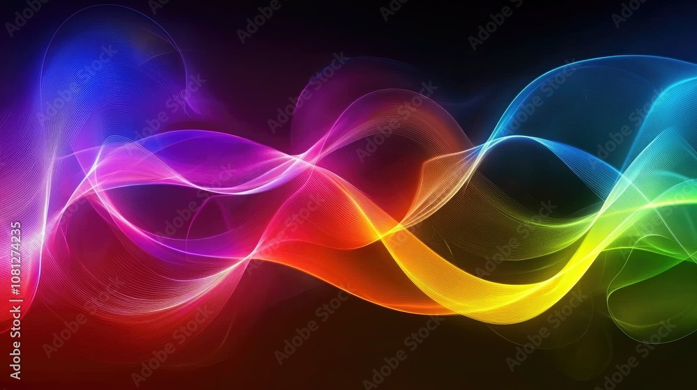 Poster vibrant abstract waves of multicolored light flowing elegantly across a dark background, creating a 