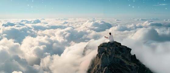 A serene figure meditates atop a high peak, surrounded by swirling clouds, embracing tranquility in a celestial sky.
