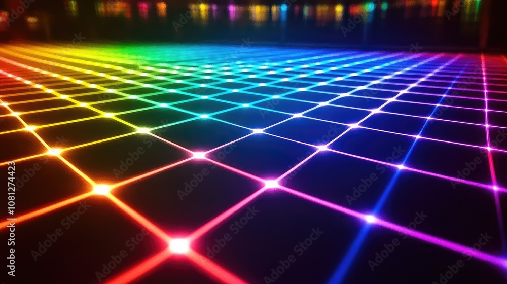 Poster vibrant abstract background with colorful grid pattern and neon lights in a dark space, perfect for 