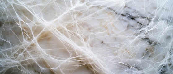 Obraz premium Delicate white web-like threads intricately weave across a marble surface, creating an ethereal network of textures and contrasts.