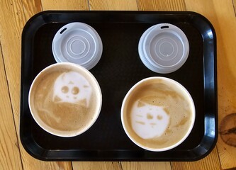 Two coffee with pictures of a cat faces