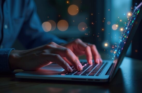 Close up of hands typing on laptop. Glowing symbols of technology and artificial intelligence, machine learning.