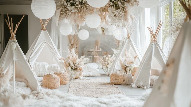 Cozy indoor space with teepees and soft decor for gatherings or events.