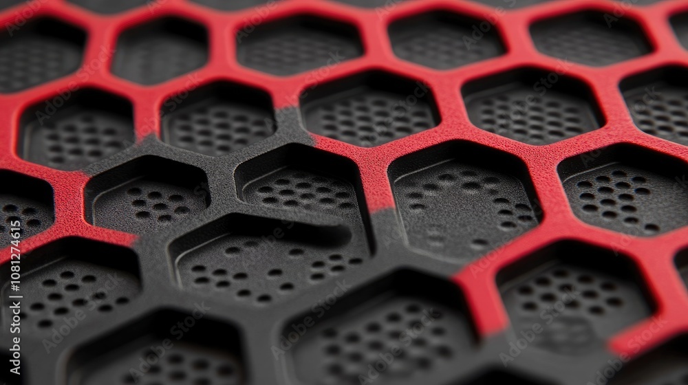 Aufkleber close-up view of a modern textured surface featuring interlocking hexagonal patterns in black and re