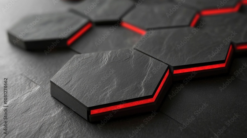 Poster modern geometric patterns with black hexagonal tiles and illuminated red edges for contemporary deco