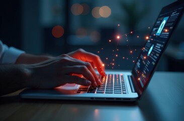 Close up of hands typing on laptop. Glowing symbols of technology and artificial intelligence, machine learning.