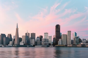 Fototapeta premium A city skyline at dusk, an expanse of modern architecture painted with delicate hues of a pink and blue sky.