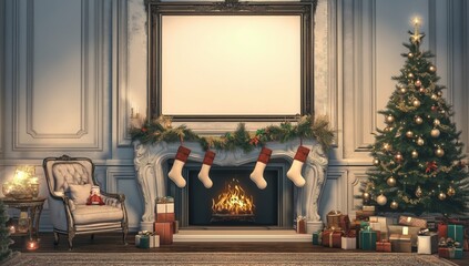classic living room decorated for Christmas with stockings hanging on the fireplace and empty artwork frame
