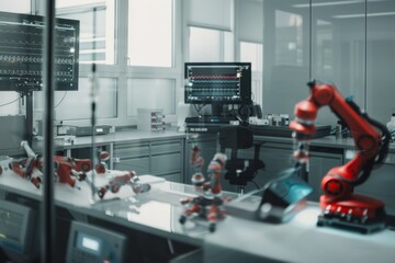 Fototapeta premium A modern laboratory with robotic equipment and screens displaying data, highlighting a future of automated research.