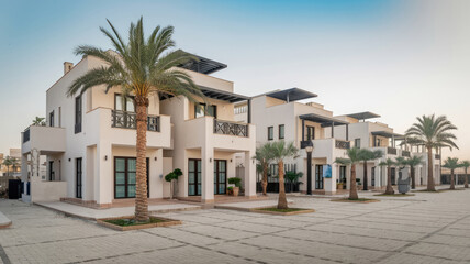 Fototapeta premium A row of white buildings with palm trees in front of them. The scene is peaceful and serene, with the buildings and trees creating a sense of calm and relaxation
