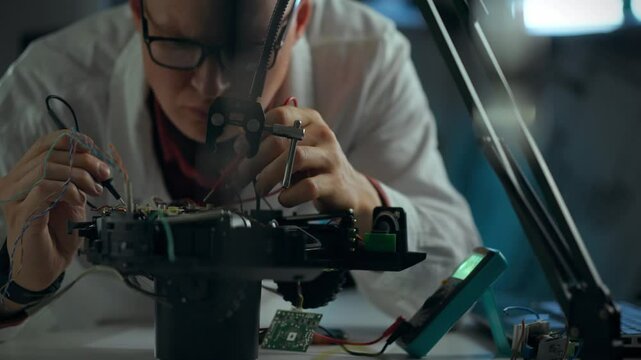 A technician focuses intently as he repairs electronic equipment, using specialized tools and equipment in a workshop illuminated by natural light