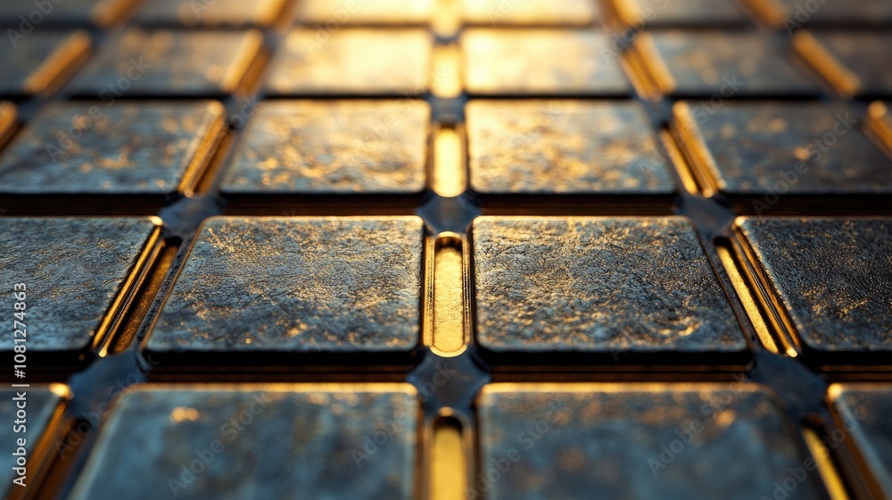 Poster close-up view of textured metallic tiles with warm lighting creating an inviting atmosphere and show