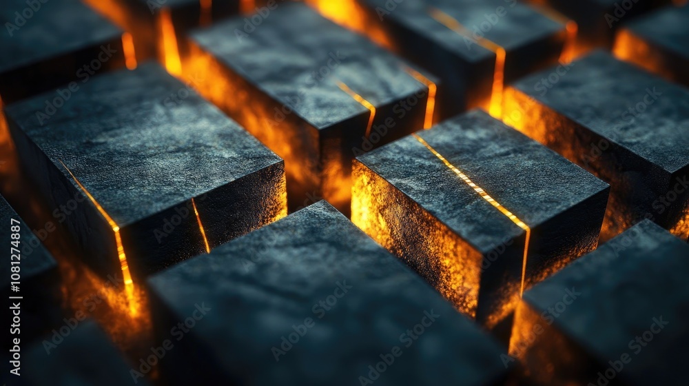 Poster abstract close-up of metallic blocks with glowing orange light highlighting the textured surface, cr