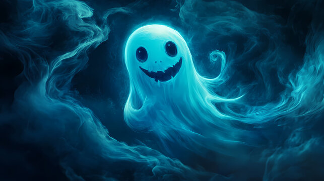 A bright blue ghost with a cheerful expression appears amidst swirling fog in a dark environment. Phantasm. Illustration