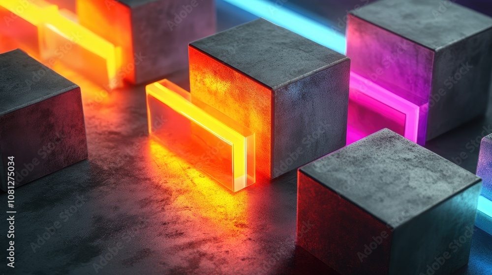 Poster abstract composition of neon light and metallic shapes on dark surface, showcasing modern design ele
