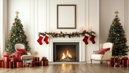 classic living room decorated for Christmas with stockings hanging on the fireplace and empty artwork frame
