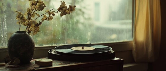 A vintage record player sits on a wooden surface by a rain-speckled window, accompanied by wilted flowers in a vase, evoking nostalgia and calm.