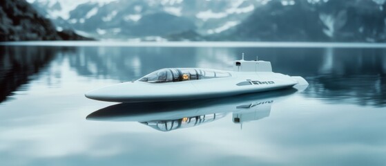 Obraz premium A sleek, futuristic white submarine glides smoothly on a calm lake, surrounded by majestic mountains, blending technology with nature.