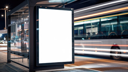 A bus is driving past a bus stop with a large white sign. The sign is blank, and the bus is blurry. The scene is set at night, and the atmosphere is calm and quiet