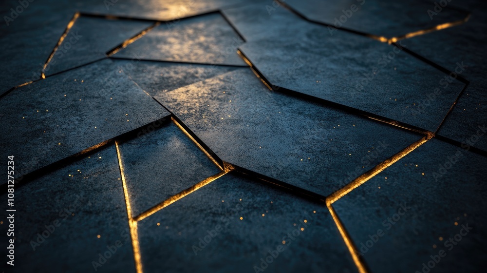 Poster dark textured surface with intricate geometric patterns and illuminated edges, capturing modern desi