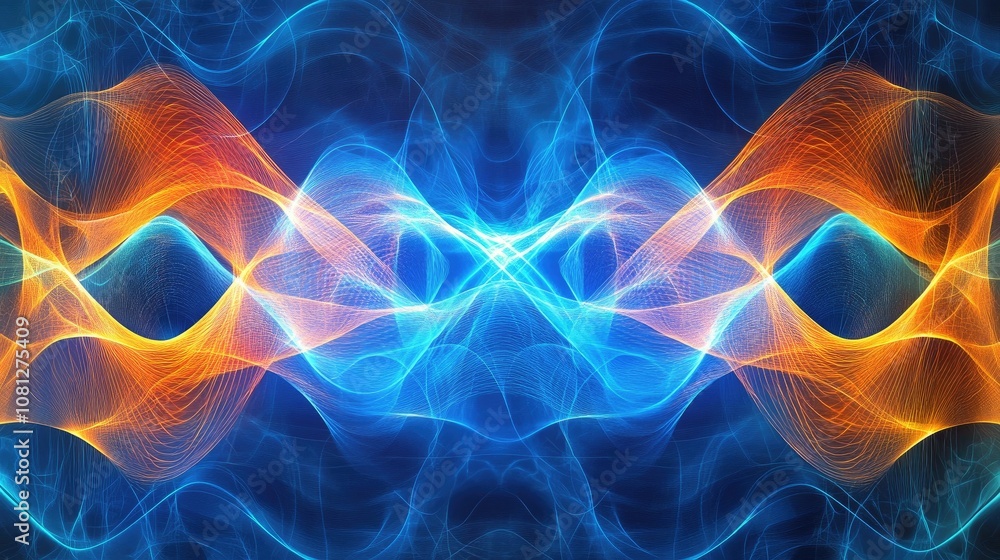 Poster abstract wave patterns in blue and orange colors illustrating energy flow and dynamic movement in a 