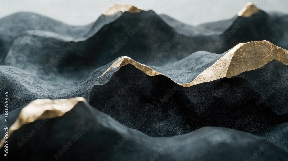 Poster abstract representation of mountain ranges with dark textures and golden peaks highlighting geometri