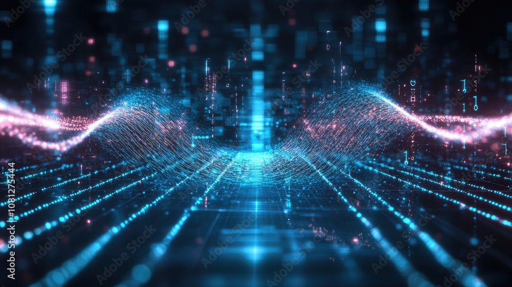 Poster futuristic digital waves transmitting data in a high-tech virtual environment with neon lights, bina