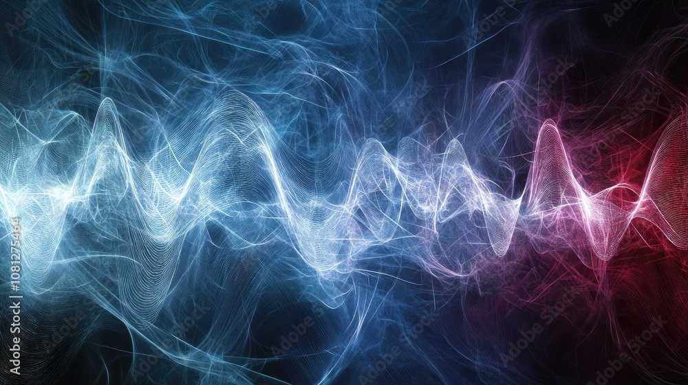 Poster abstract light waves in blue and red colors representing energy and motion with ethereal flowing pat