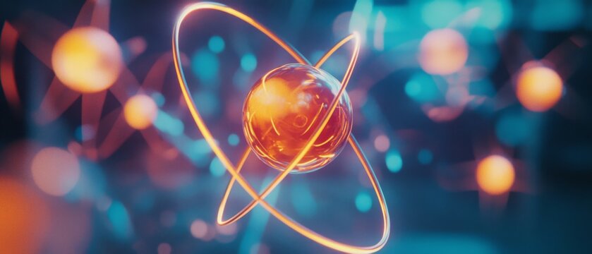 Atomic particles orbiting a glowing core, set against a dynamic backdrop of vivid blues and oranges, suggesting energy and scientific exploration.