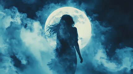 A ghostly apparition of a woman shrouded in a cloudy ectoplasmic mist hovering in the moonlight. Phantasm. Illustration