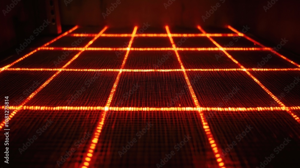 Poster illuminated grid pattern in vibrant red light creating a modern and abstract background for design a