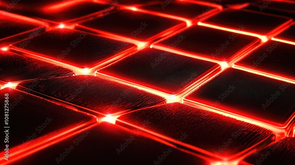 Poster abstract close-up view of illuminated red tiles in a futuristic pattern, showcasing vibrant glossy s