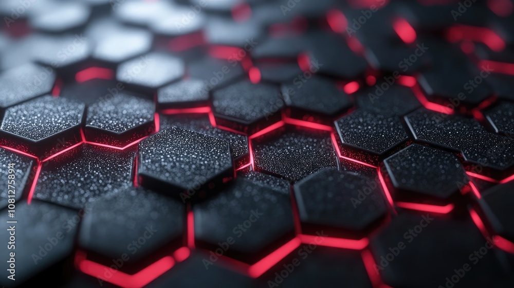 Poster modern hexagonal pattern with glowing red edges on a dark background, perfect for technology, gaming