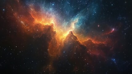 Fototapeta premium A colorful nebula with swirling clouds of gas and dust, illuminated by distant stars, set against a background of countless stars.