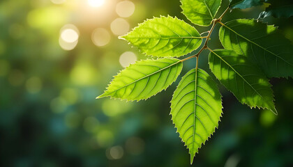 Close-up of beautiful green leaves with a forest background, capturing the natural beauty and serenity of the scene.