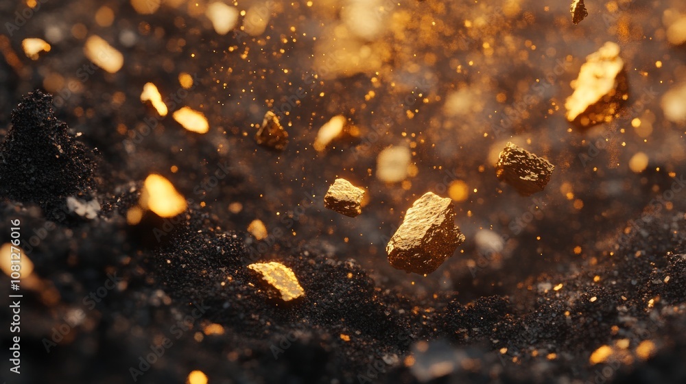 Poster golden nuggets suspended in soil, creating a dynamic, shimmering effect.
